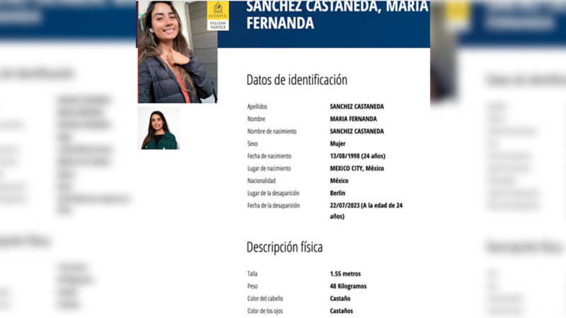 Interpol emite ficha amarilla para la búsqueda de María Fernanda Sánchez, desaparecida en Berlín thumbnail
